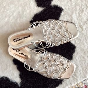 jeffrey campbell silver lace slip on strappy dressy sandals 7